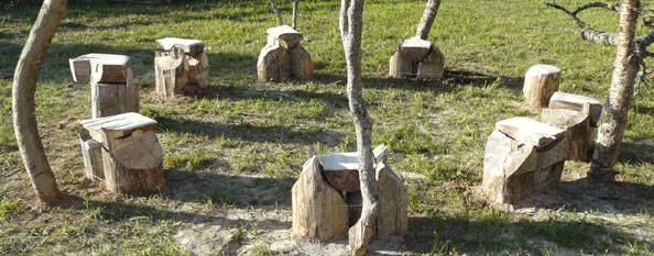 Land Art or a Site specific outdoor sculpture made out of firewood and dead trees by Sen McGlinn + Sonja van Kerkhoff at the 2013 Tahora High-country International Sculpture