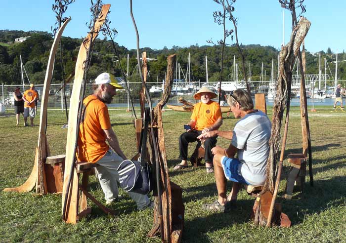 outdoor sculpture made out of recycled Pohutukawa and Oak by Sen McGlinn + Sonja van Kerkhoff at the 2016 Whangarei Sculpture Symposium